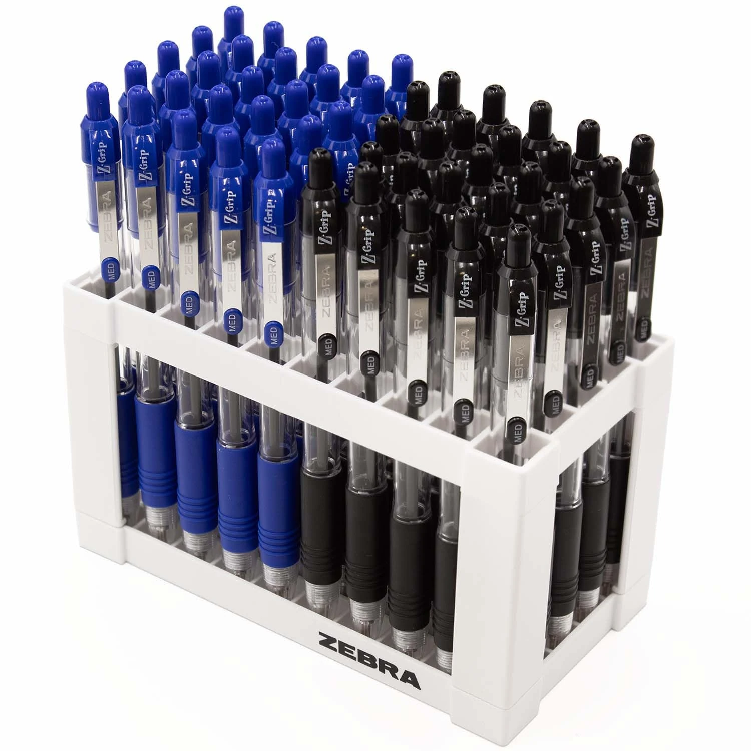 Zebra Z-Grip Ballpoint Retractable Pen - Desktop Stand Set of 50 Pens - Black & Blue Ink - 1.0mm Nib Tip - Ideal for Writing, Revision, School, Teachers etc