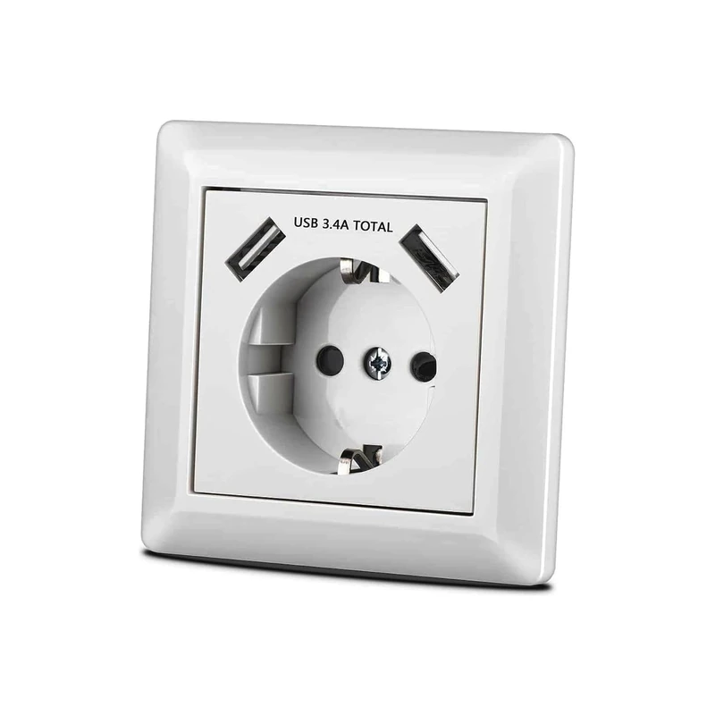 Schuko F Type F Socket with Dual USB Ports, White, Ideal for Charging Electronic Devices at Home or Office - Image 1