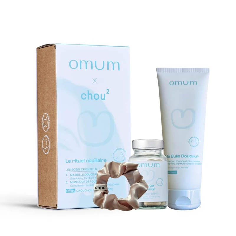 Omum x Chou² Hair Gift Set: 1 Satin Scrunchie + 1 Shampoo Strengthening Moisturising Ma Bubble Softness + 1 Food Supplement Mon Coup de Pousse Anti Hair Loss – Natural, France