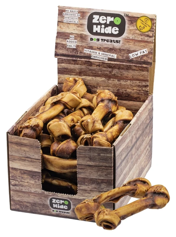 Zero Hide Natural Peanut Butter & Chicken Knotted Dog Bones - Healthy & Long-Lasting Treats - 1.3kg Box (Approx. 12 Pieces)