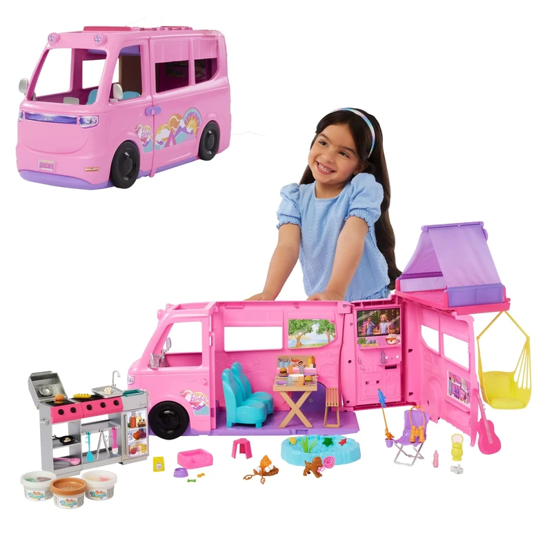 Barbie Dream Camper Playset with Roof Tent, Swing Chair, Fishing Pond, BBQ Grill with Color-Change Feature & 60+ Accessories Including Dough, HRJ78