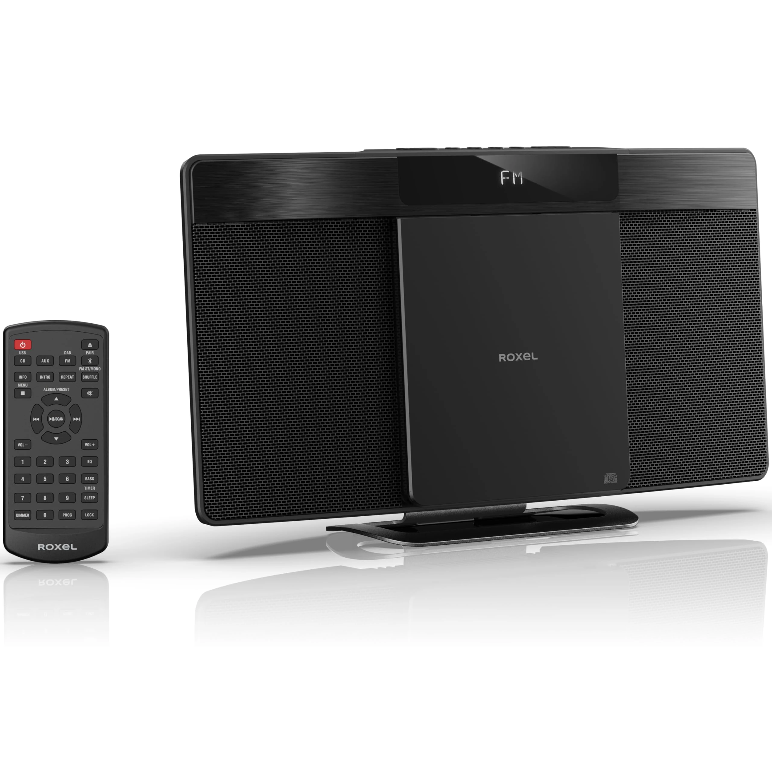 Roxel Micro HiFi System CD Player with FM Radio, Wireless BT V5.4, Powerful Speakers, Wall Mountable, USB & AUX In, Remote Control, Sleek & Flat Design, White LED Display (RCD-200 FM)