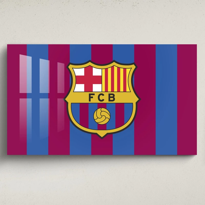 Licensed Décor FC Barcelona Acrylic Wall Art - Small (65cm (w) x 40cm (h) - Full Colour Crest on Brand RED and Blue