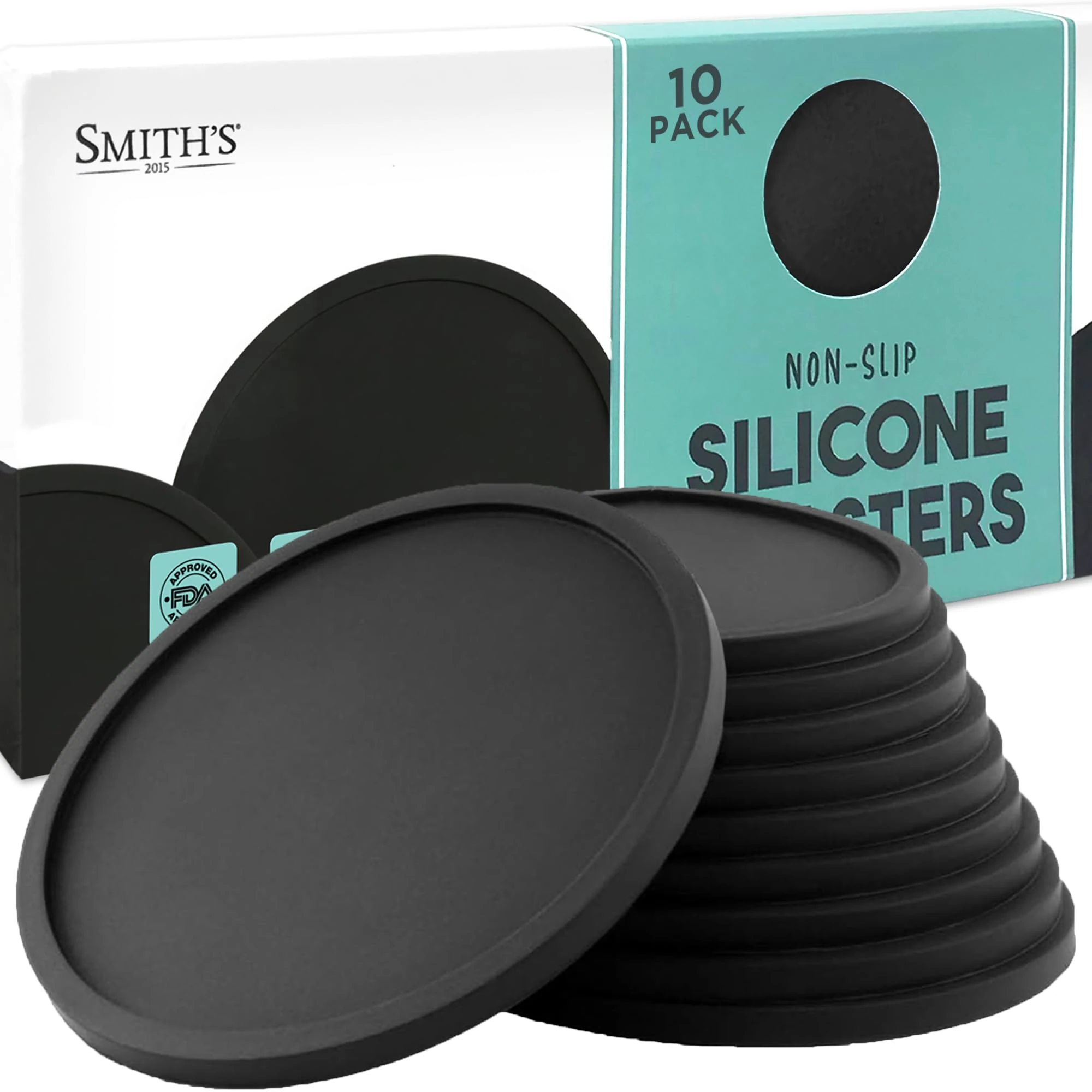 10 Pack Silicone Coasters by Smith’s® | 10cm Diameter | Black / V2 | Round | Anti-Slip Base | Safe, Non-Toxic Silicone | Safe for All Surfaces