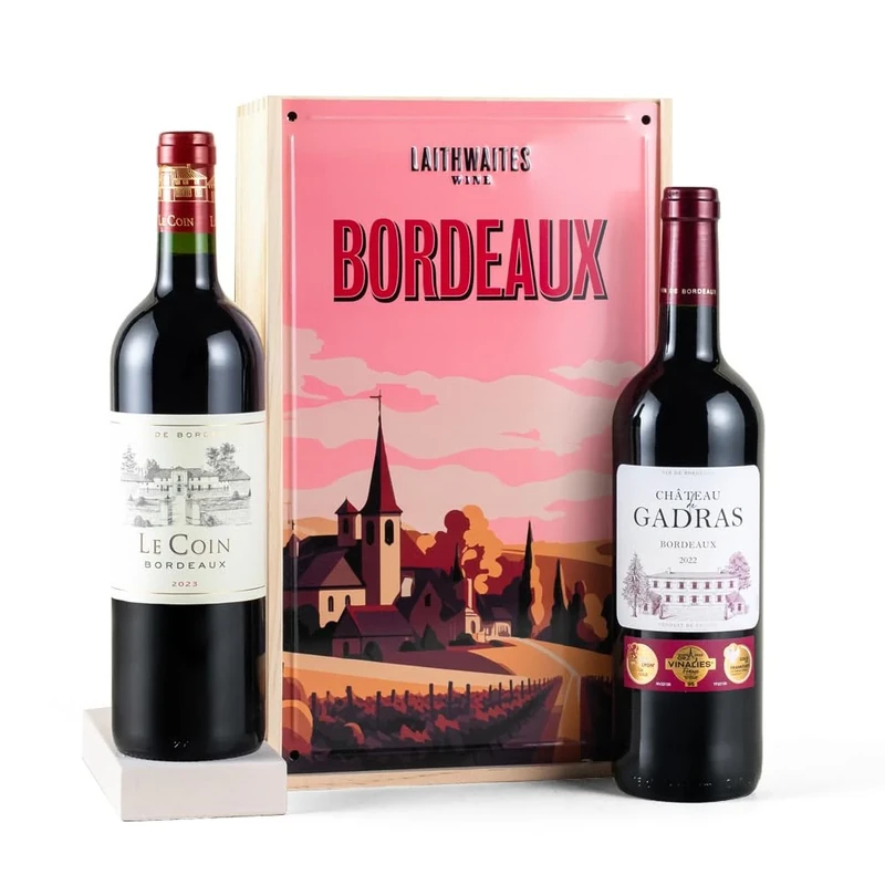 Laithwaites Red Wine Gift Set (Bordeaux Regional Duo) - Merlot Based Blend Red Wine Selection Box in Wooden Box - 2 x 750ml Bottles