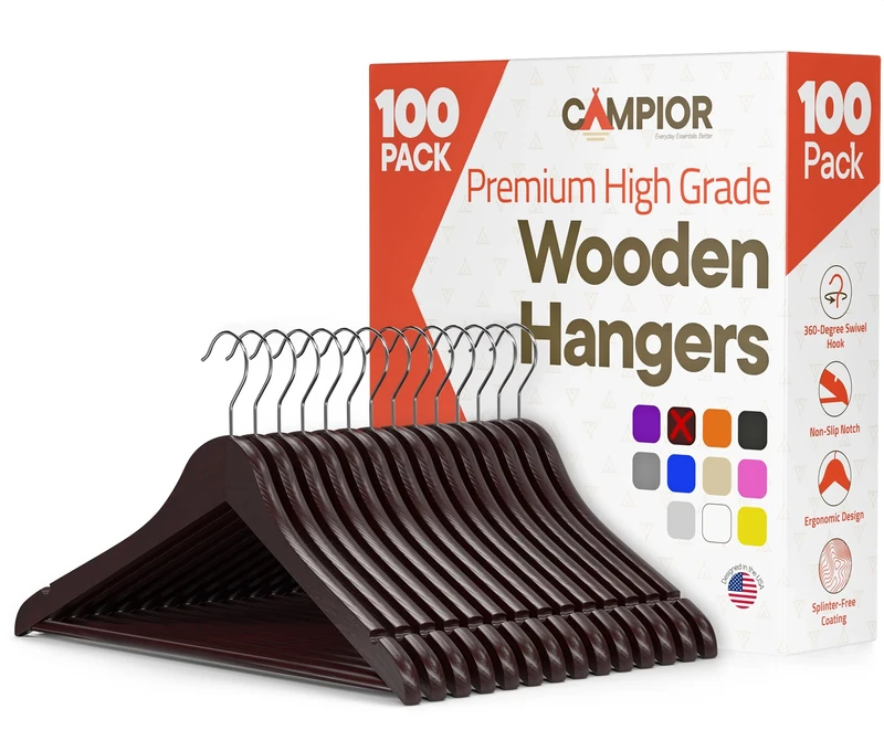 Cherry Wooden Hangers 100 Pack – Heavy-Duty with 360° Swivel Hook, Non-Slip, Pants Bar & Shoulder Grooves - Wooden Hangers for Suits, Jackets, Dresses & Camisoles, Space-Saving and Smooth Finish