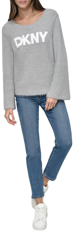 DKNY Women's Scoop Neck Metallic Sweater, Storm Heather Grey White, XS