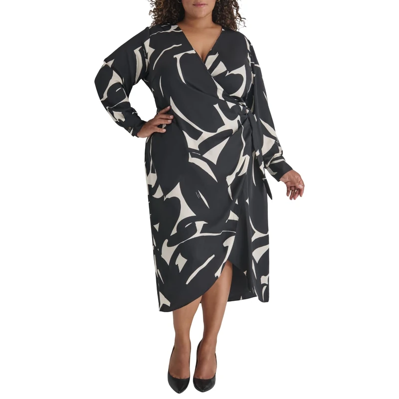 DKNY Women's L/S Pleated A-line Dress, Black/Eggshell, 24 UK