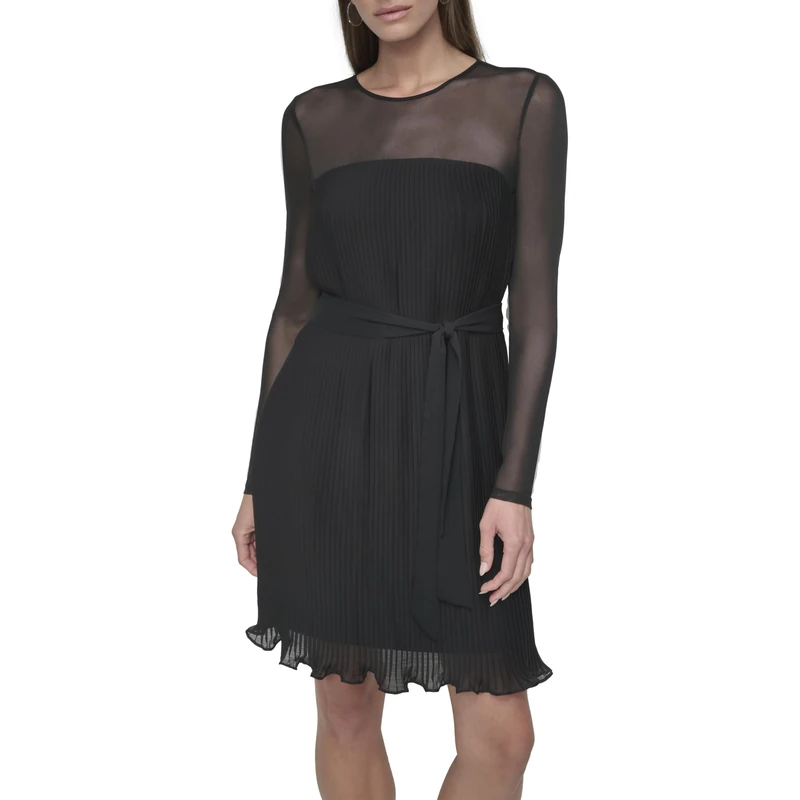 DKNY Women's L/S Pleated A-line Dress, Black, 14