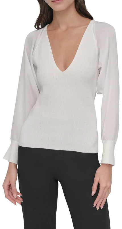 DKNY Women's L/S Mix Media V NCK Sweater, Black, M