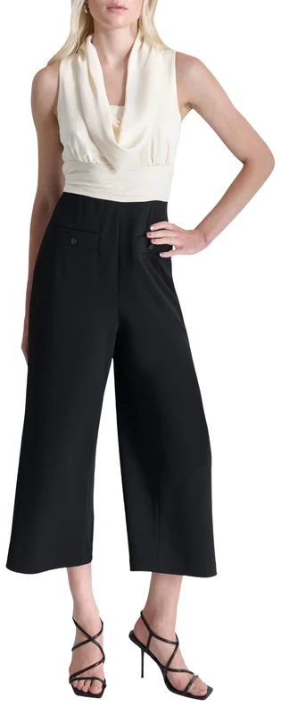 DKNY Women's L/S Pleated A-line Dress, Eggshell/Black, 14