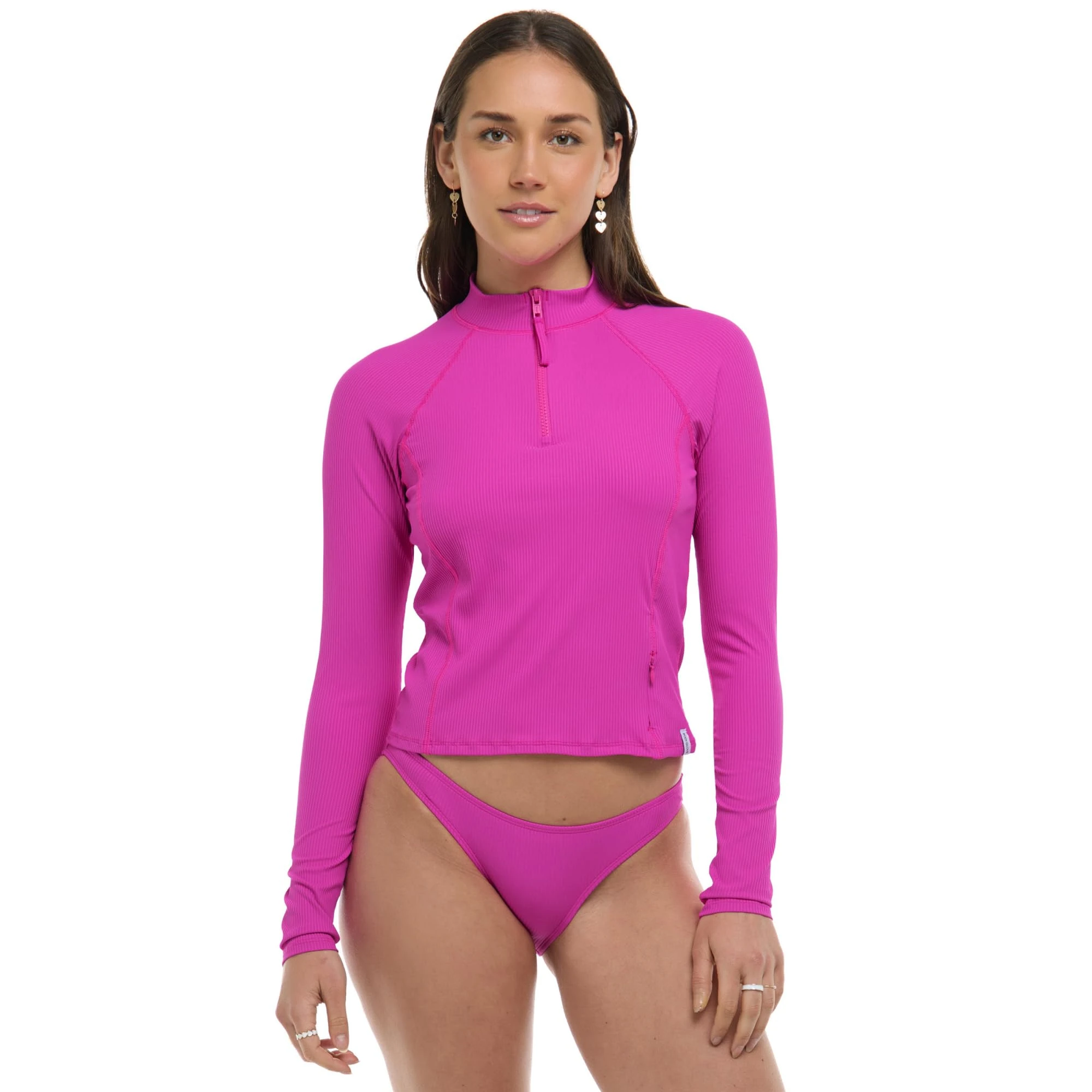 Body Glove Women's Raelynn Long Sleeve Crop Top Rashguard Rash Guard Shirt, Fucshia Ibiza Rib, XS