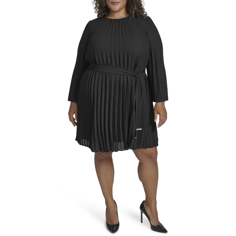 DKNY Women's L/S Pleated A-line Dress, Black, 26 UK