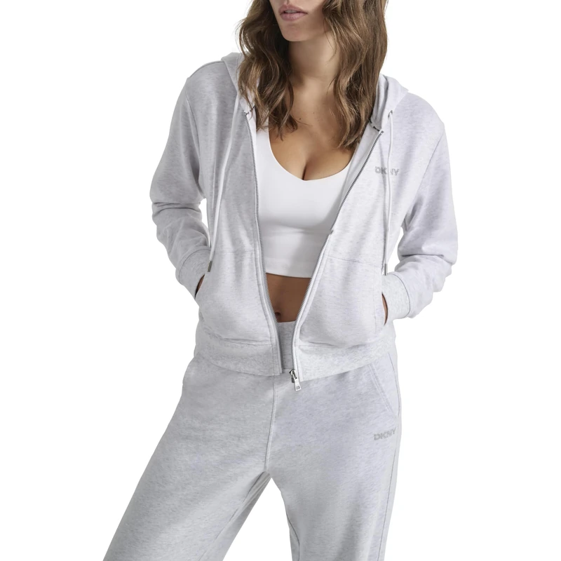 DKNY Women's Mini Stud Logo Full Zip Hoodie Jacket, Optic Heather, M