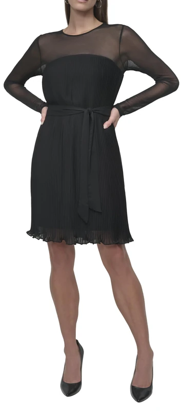 DKNY, Women's Dresses,L/S Mesh W/Pleated, Black,6, Black, 12