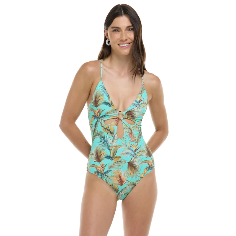 Body Glove Women's Maddie V-Neck One-Piece Swimsuit with Cut-Out and Ring Detail, Molokini Tropical, Medium