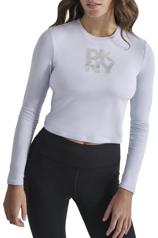 DKNY, Women's Stacked Textured STTRIPE Logo Long Sleeve Tee, Rain/Silver, M, Rain/Silver, M