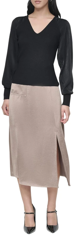 DKNY Women's L/S Mix Media V NCK Sweater, Black, L