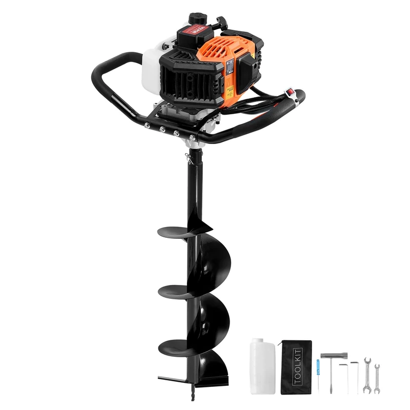 VEVOR Post Hole Digger Gas Powered, 43CC 1250W Earth Auger, Gas Auger with 8” Auger Drill Action Design Bits, Post Fence Hole Digger for Farmland Garden Plant, Orange+Black
