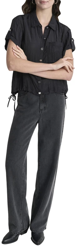 DKNY Women's S/S Tech Crinkle Drawstring Shirt Blouse, Black, S