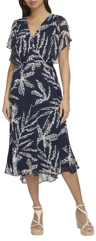 DKNY Women's L/S V-Neck Midi Dress, Navy/Ivory, 6