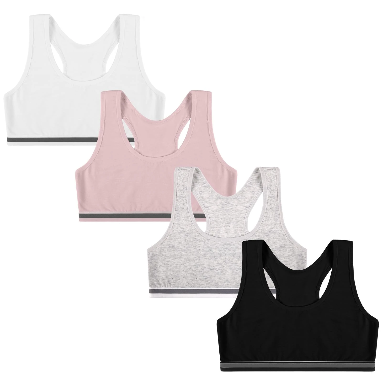 flintronic 4 Pack Girls Sports Bra Cotton, Training Bras Girls, Unpadded Crop Top, Teenage Girls Crop Vest