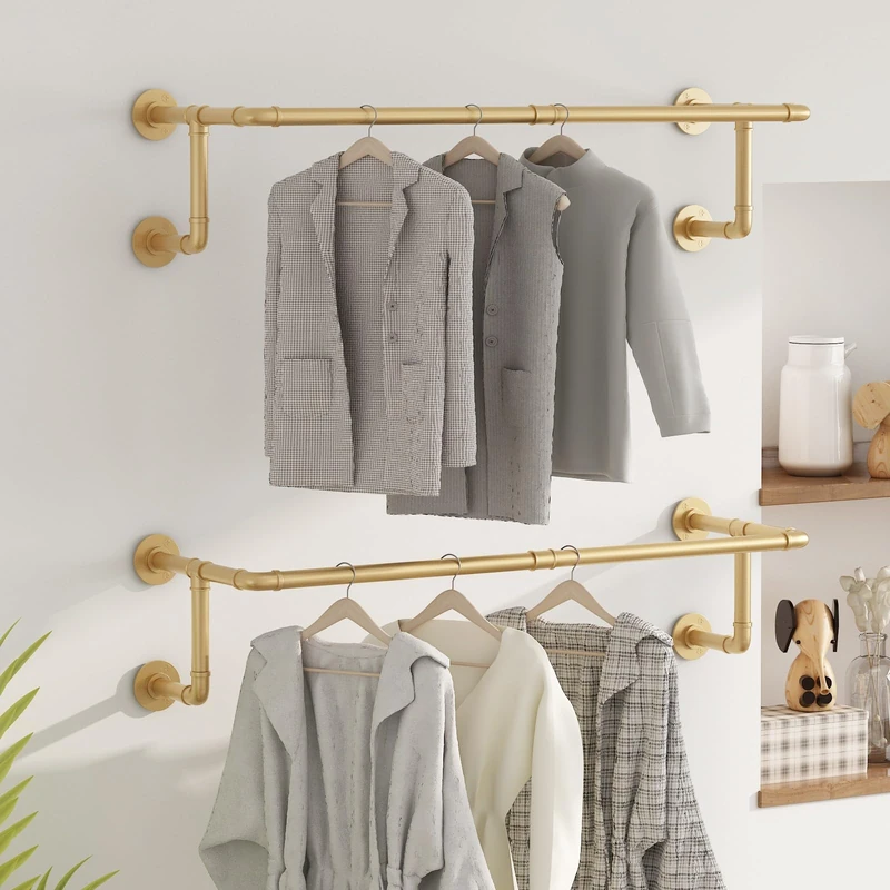 WTPLWD Industrial Pipe Clothing Racks 2 Pack, 36.2In Wall Mounted Clothes Rack, Gold Wall Clothing Racks for Hanging Clothes, Space Saving Closet Hanging Rod for Laundry Room, Bedroom