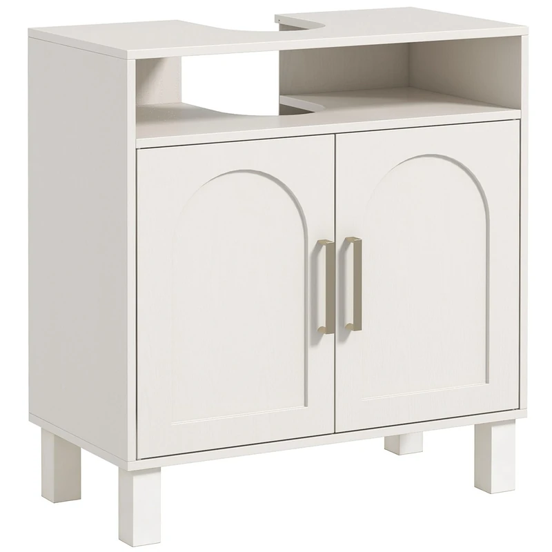 HOMCOM Bathroom Cabinet Under Sink, Under Sink Unit, Open Shelf Cupboard with 2 Magnetic Doors with Adjustable Shelf, 60 x 30 x 63 cm, White - Image 1