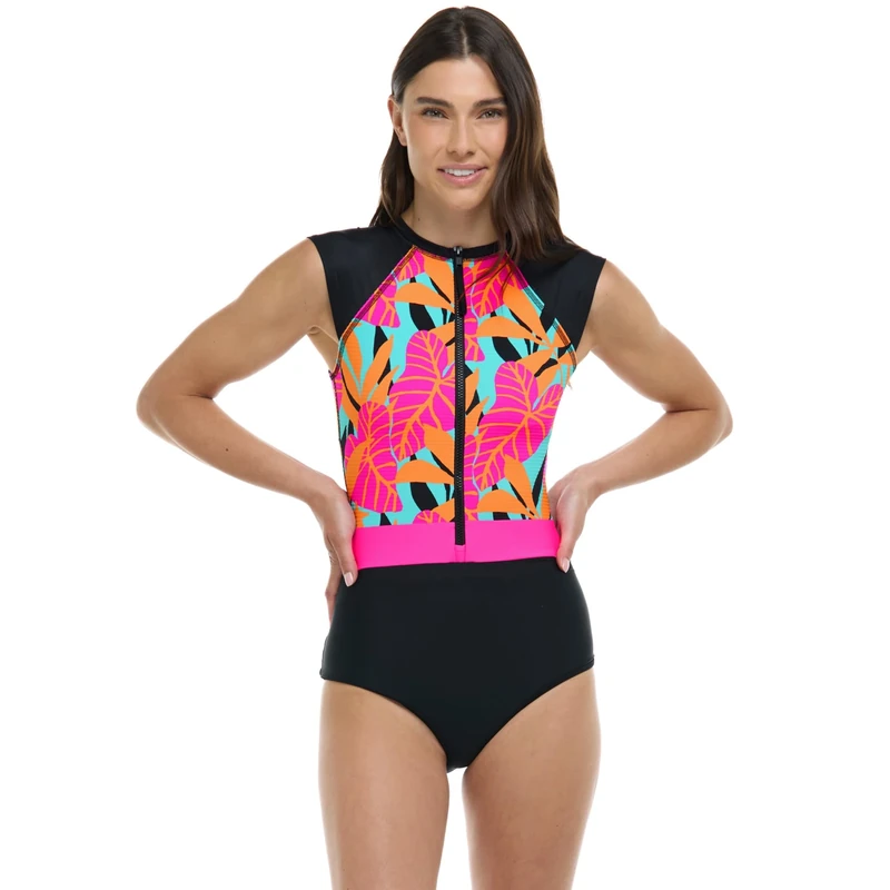 Body Glove Women's Stand Up Zip Front Paddle One Piece Swimsuit with UPF 50, Canopy Tropical Brights, S