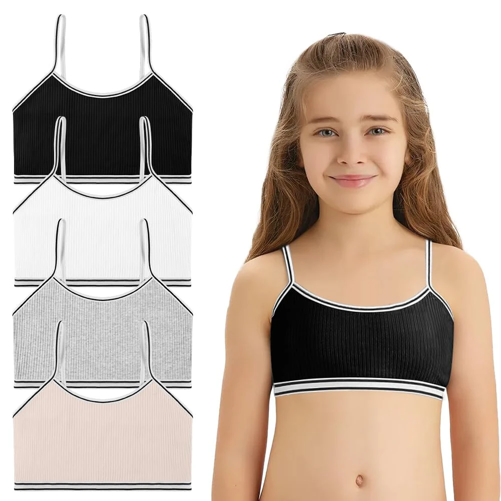 Flintronic 4 Pack Girls Sports Bra Cotton, Training Bras, Unpadded Crop Top, Teenage Crop Vest