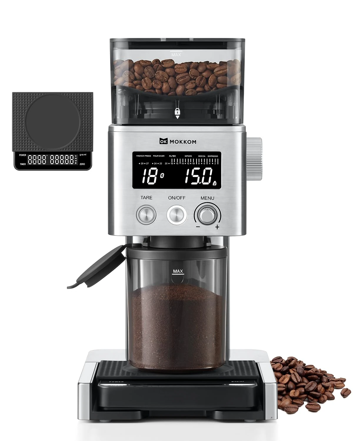 MOKKOM Coffee Grinder with Removable Coffee Scale Via Bluetooth Connectivity, Anti-static Tapered Coffee Bean Grinder, 31 Precise Settings for French Press/Cold Brewing/Pour/Go