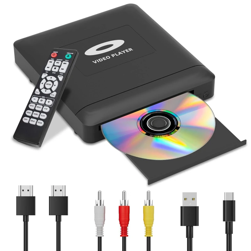 Mini HD DVD Player with Hdmi, Multi Region DVD Player for Smart TV, HDMI/RCA Output Cable Included, 1080P, Breakpoint Memory, Built-in PAL/NTSC, CD Players for Home