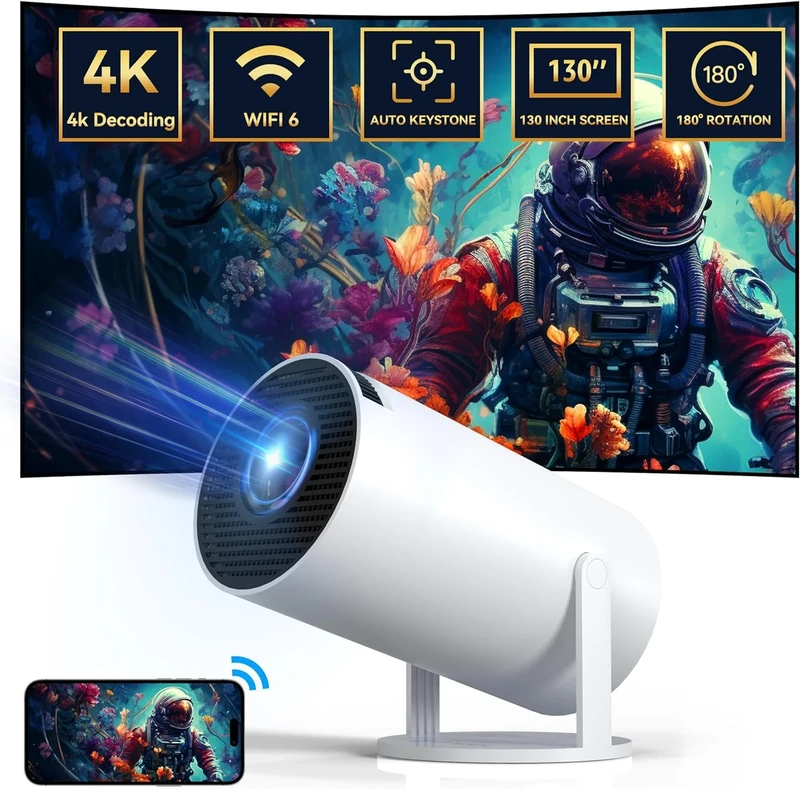 Mini 4K Projector with 180° Rotation 130-inch Screen, Auto Keystone Correction, Compatible with Computer, Mobile Phone - Home Theatre Video