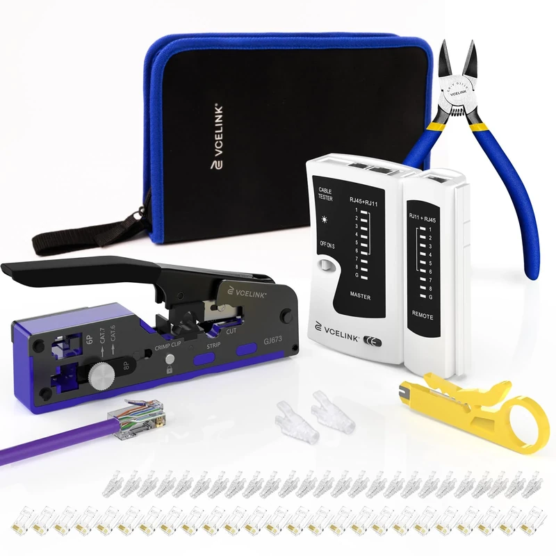 VCELINK Upgraded RJ45 Crimping Tool Kit for CAT7/6A/6/5E/5 with a Pass Through Ethernet Crimper,25 Cat6 RJ45 Connectors & Strain Relief Boots, Cable Tester, Wire Stripper and Cutter in a Cloth Bag