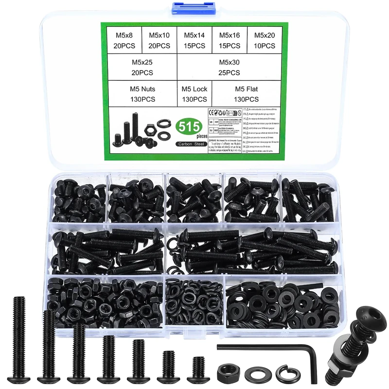 515 Pcs M5 Bolts and Nuts Set, Nuts and Bolts Set, Black Hex Socket Button Head Cap Screws with Washers, Assorted Pan Head Screws (M5)