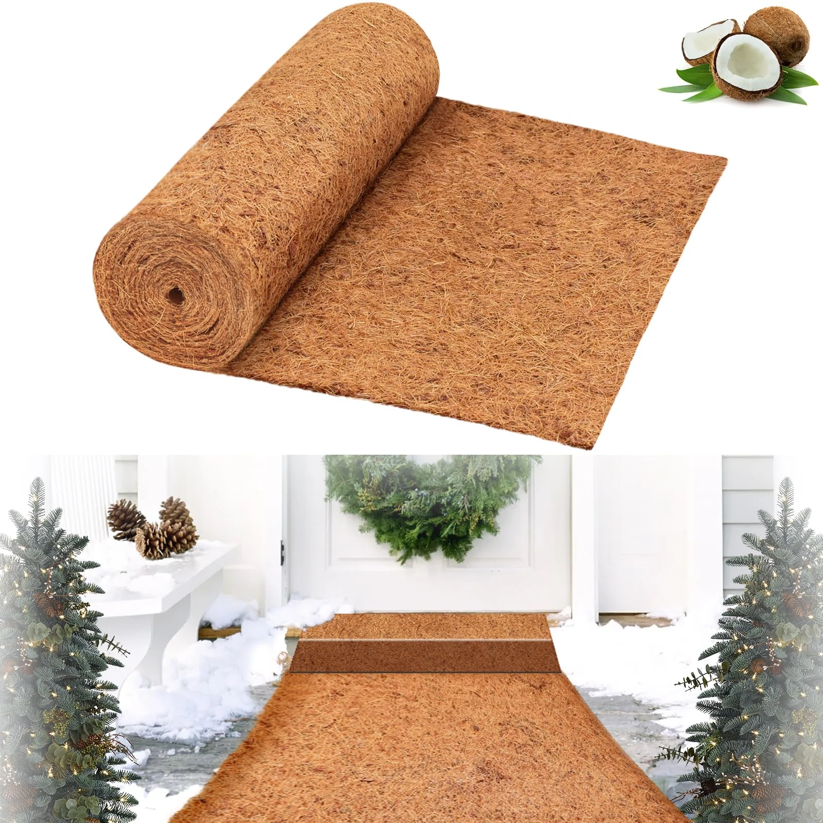 Riare 40 x 200cm No-Slip Ice and Snow Carpet Mats- Natural Coconut Fiber Carpet Anti-Slip Coco Coir Carpets Mat for Winter Walkways Front Door Stairs Porch Outdoor Garden Safe Walking