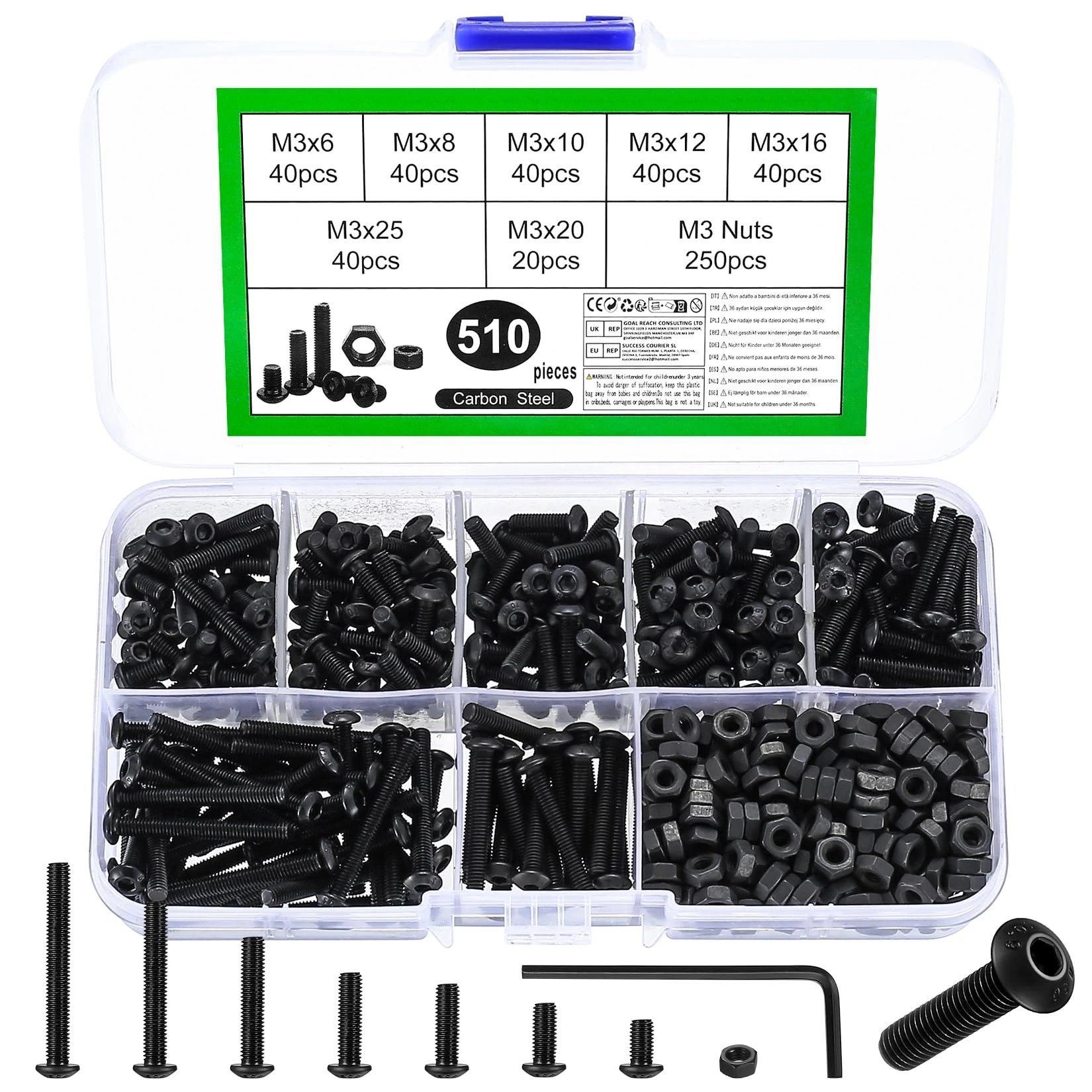 510 Pcs Black Hex Socket Button Head Cap Screws and Nuts M3 Set