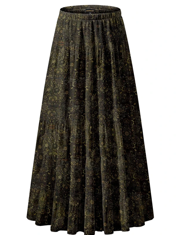 NASHALYLY Women's Chiffon Elastic High Waist Pleated A-Line Flared Maxi Skirts, Boho Floral, 3XL