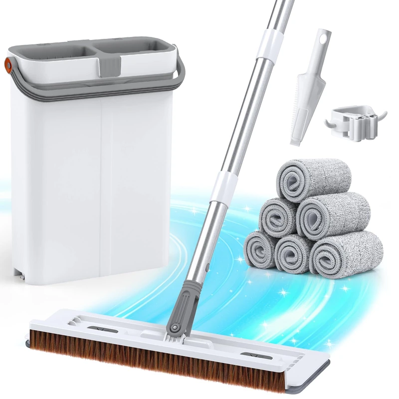 Euqvunn Flat Mop and Bucket Set, Wet and Dry Use Mop for Cleaning Floors with 6 Reusable Microfibre Mop Pads, Wash & Squeeze Mop Bucket, Scraper, Mop Holder – 40 x 12 x 135 cm