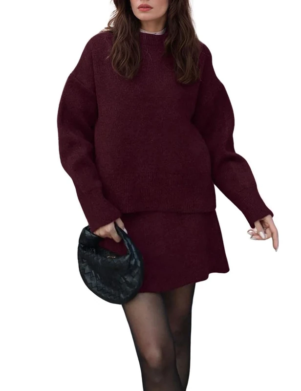 CHARTOU Women Sweater Skirt Sets 2 Pieces Outfits Loose Fit Pullover Sweater Knitted Mini Skirt, Wine, XL