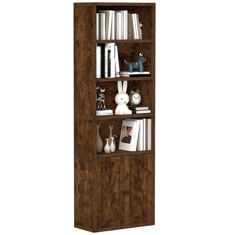 YITAHOME Bookcase, Industrial Bookshelves with Doors Floorstanding Book Shelf Tall Display Storage Organizer Shelving Unit for Bedroom Living Room Home Office, Rustic Brown