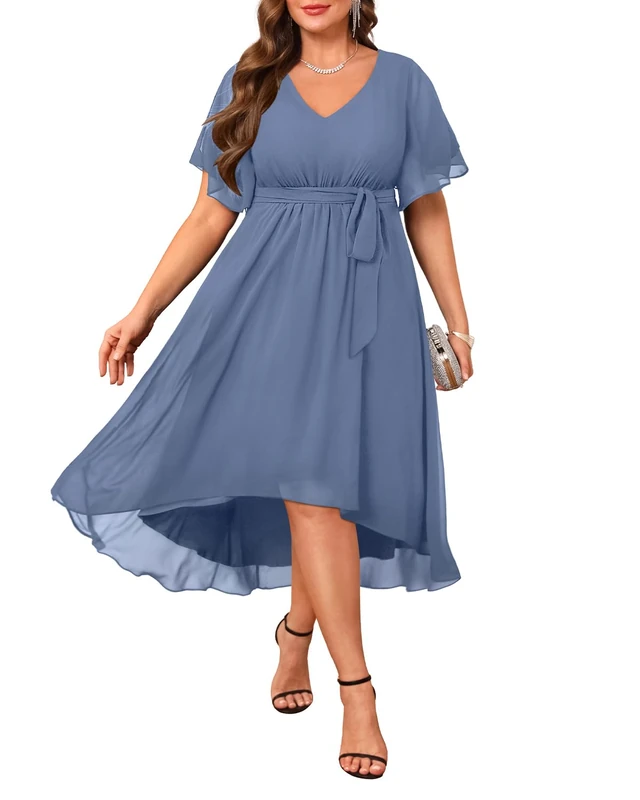 Talisea Plus Size Dresses Wedding Guest - Formal Cocktail Chiffon V Neck Short Sleeve High Low Dress Curvy Women, Dusty Blue, 26 Plus