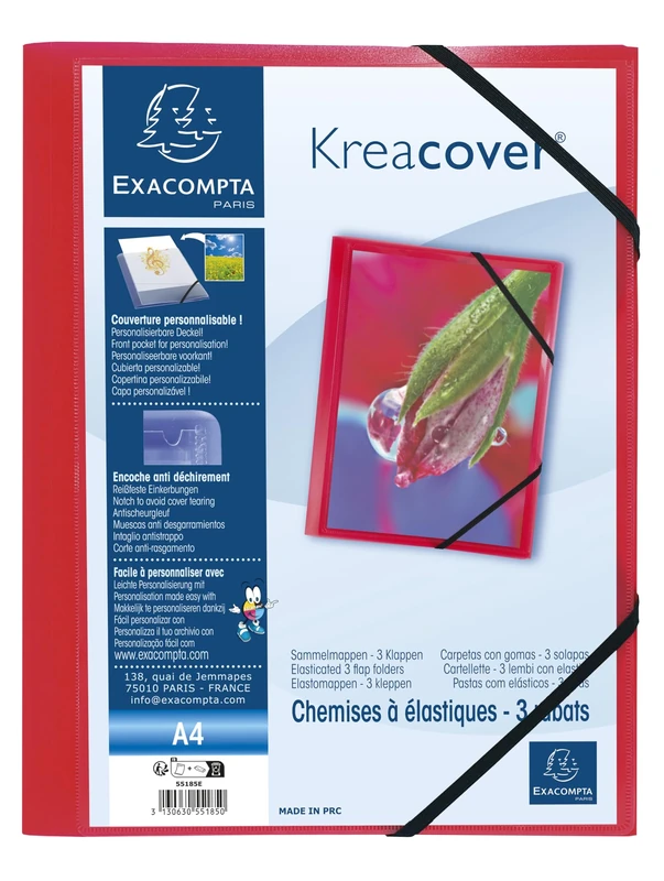 Exacompta - Ref 55185E - Box of 25 Kreacover Elastic folders - 3 Flap Pockets - Translucent Polypropylene - Size 24 x 32 cm for A4 documents - Colour red