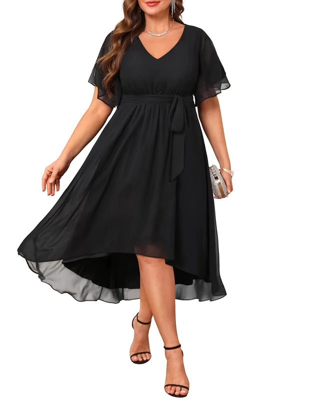 Talisea Plus Size Dresses Wedding Guest - Formal Cocktail Chiffon V Neck Short Sleeve High Low Dress Curvy Women, Black, 24 Plus