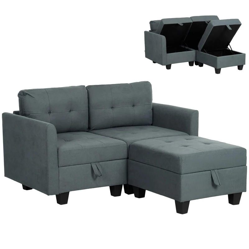 HOMCOM Convertible Modular Sectional Sofa with Storage, Tufted 2 Seater Sofa Set, L Shaped Couch with Ottoman, Wood Frame for Living Room, Dark Grey