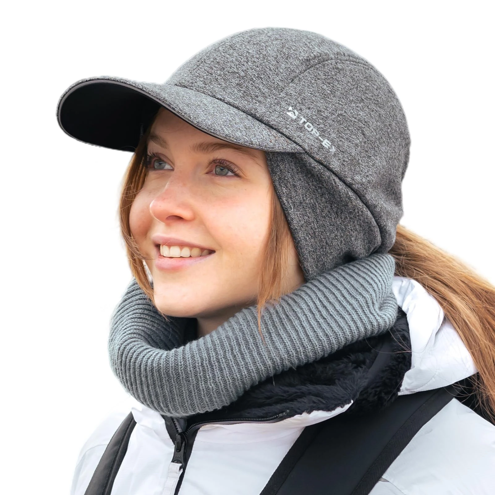 TOP-EX M/L/XL Water-Repellent Winter Baseball Cap with Ear Flap for Women Running Beanie Hat with Pony Tail Hole for Ladies Reflective Thermal Fleece Lining Hat Skiing Present Grey M/L