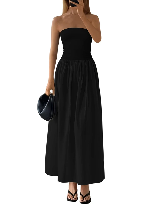 PRETTYGARDEN Women 2025 Summer Elegant Strapless Maxi Dress Tube Top Dress A Line Flowy Long Wedding Party Cocktail Dresses, Black, M - Image 1