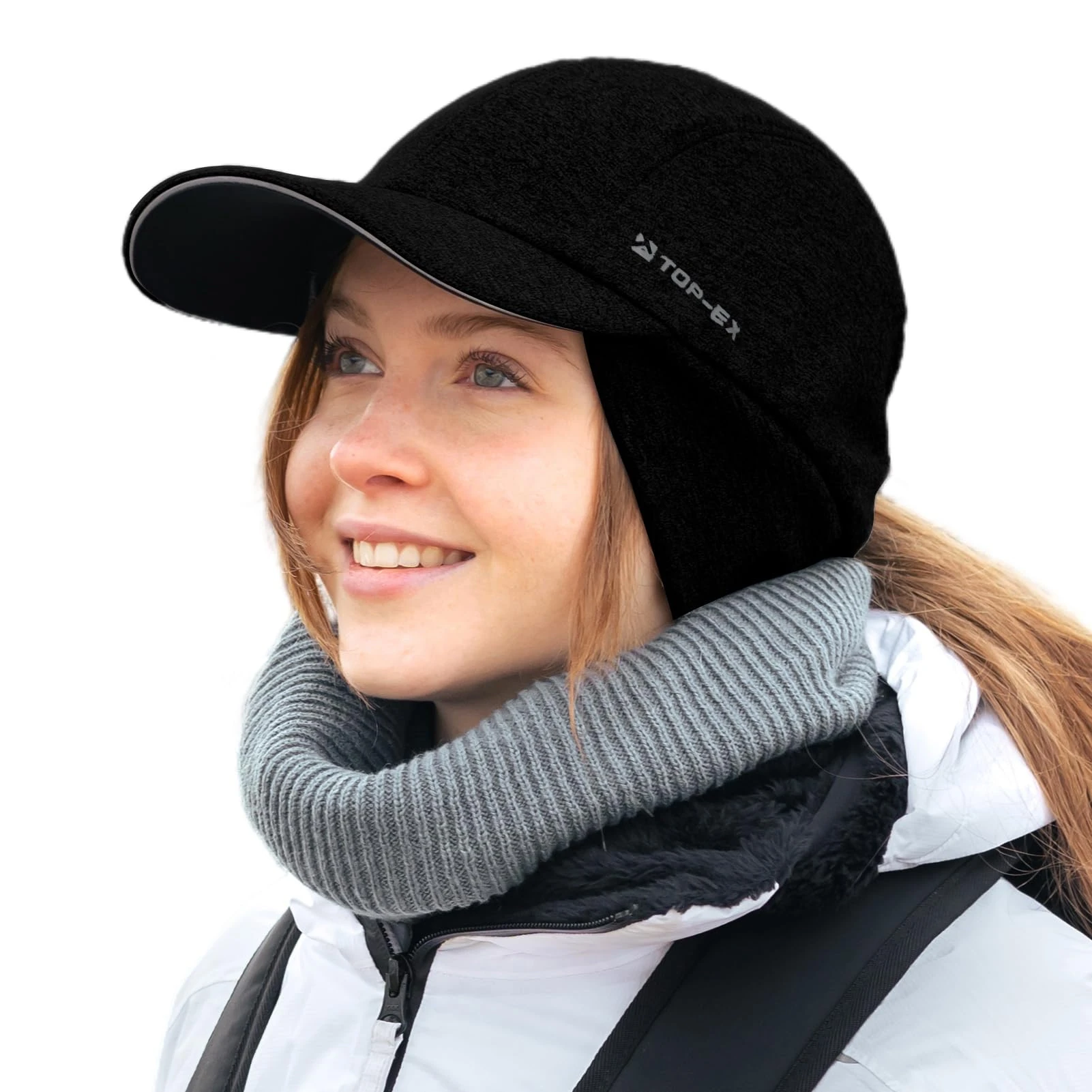 TOP-EX M/L/XL Water-Repellent Winter Baseball Cap with Ear Flap for Women Running Beanie Hat with Ponytail Hole for Ladies Reflective Warm Fleece Lining Hat Cycling Gift Black M/L
