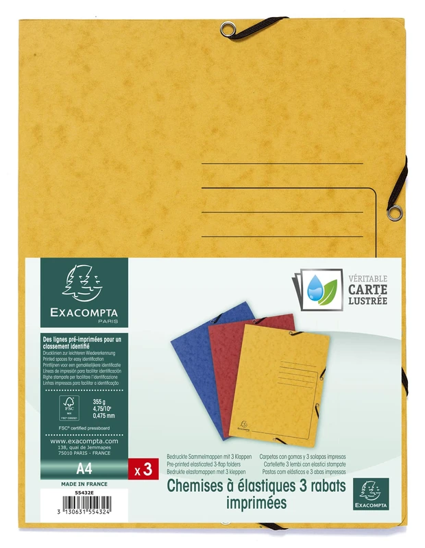 Exacompta - Ref 55432E - Box of 24 Printed Elastic folders - 3 Flap Pockets - in Glossy Card 355g/m2 - Size 24 x 32 cm for documents in A4 Format - 3 Assorted Colours