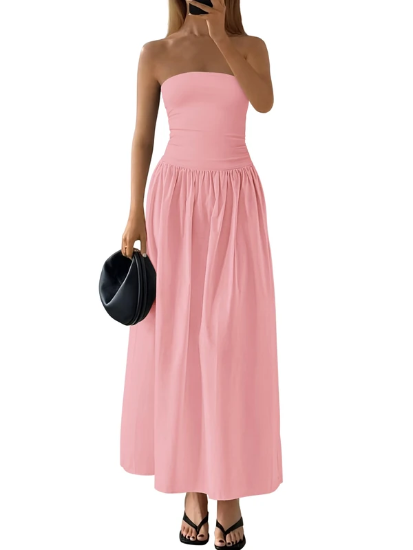 PRETTYGARDEN Women 2025 Summer Elegant Strapless Maxi Dress Tube Top Dress A Line Flowy Long Wedding Party Cocktail Dresses, Pink, M